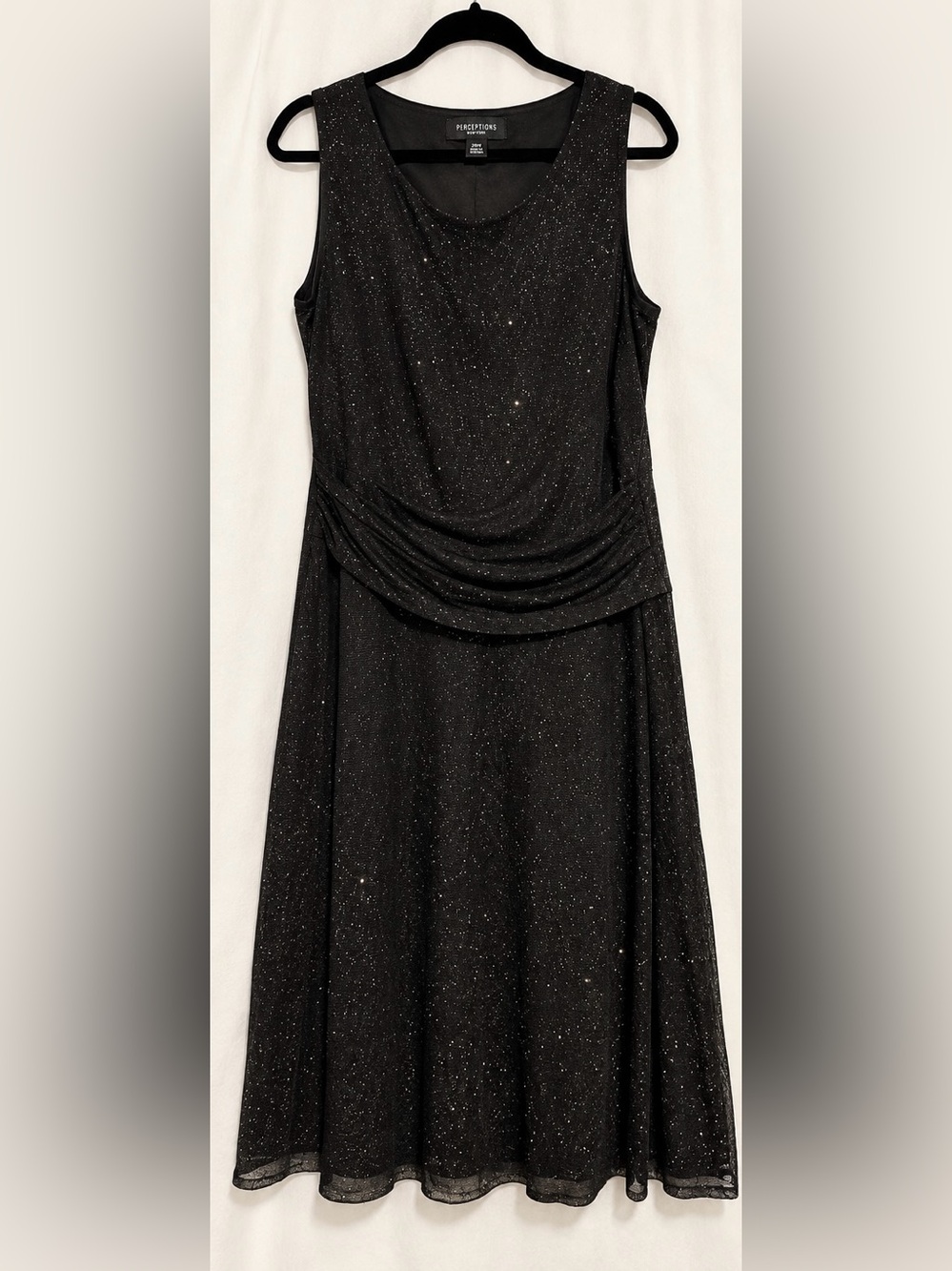Perceptions New York Black Glitter Draped Waist Midi Dress Plus 20W